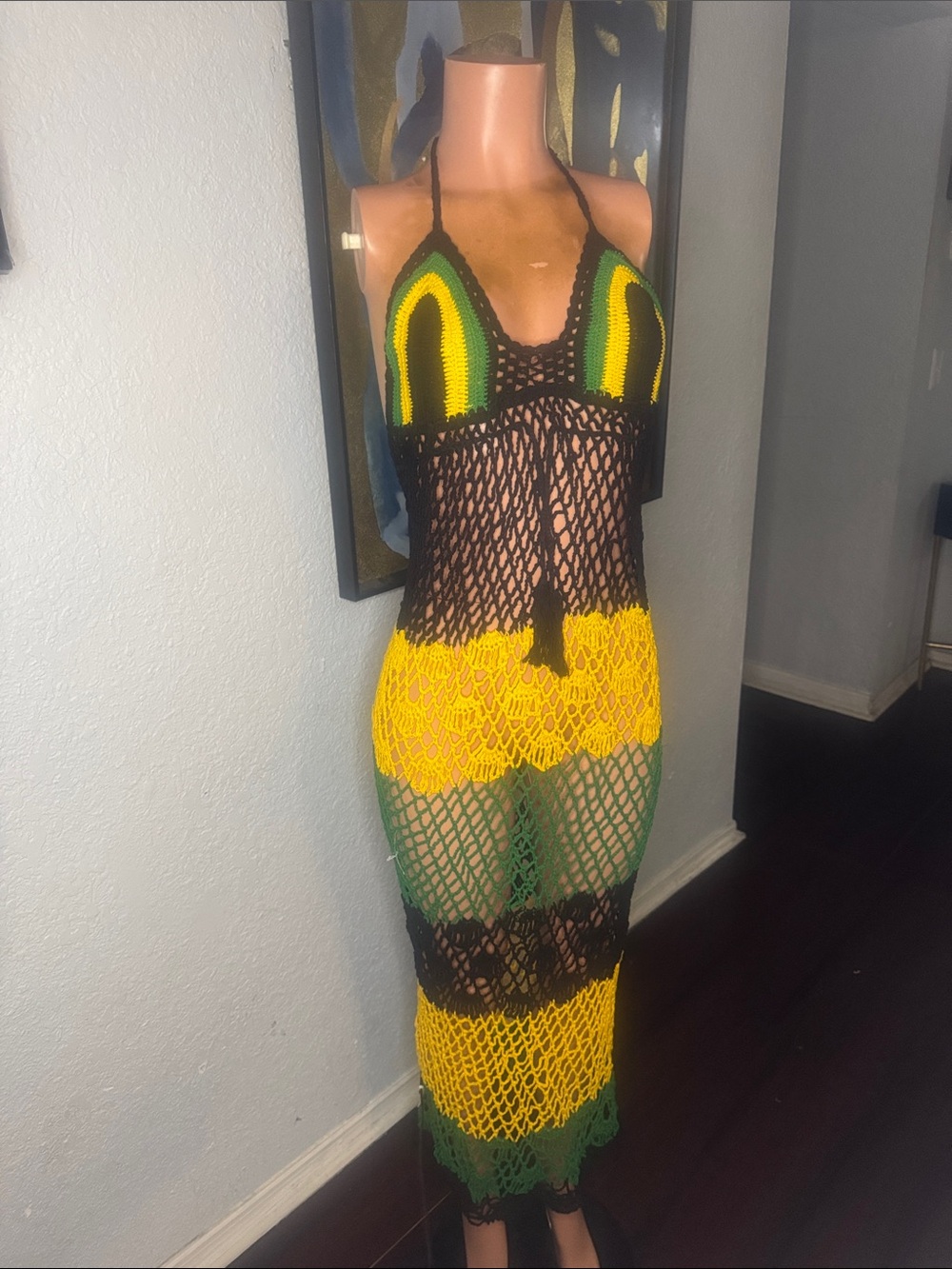 Crochet Beach Coverup Dress in Black, Yellow & Green